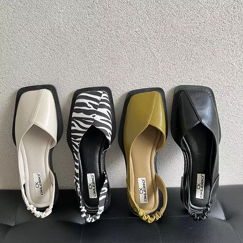 Baotou Summer Casual Ladies Sandals Fashion Ladies Elastic Band Flat Heel Women's Shallow Mouth Party Shoes Square Heel Sandals