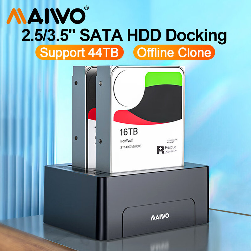MAIWO-estación de acoplamiento de disco duro USB 3,0 a SATA, estación de almacenamiento de doble Bahía para HDD/SSD SATA de 2,5 "y 3,5", compatible con función de clon sin conexión