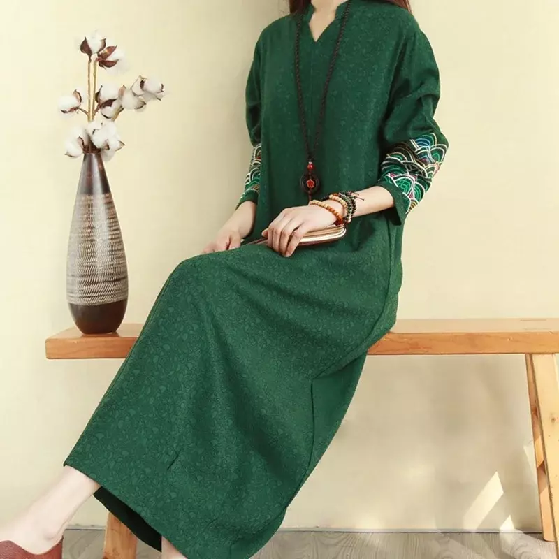 Qipao-Robe chinoise longue en coton et lin pour femme, Cheongsam brodé, robes chinoises élégantes, manches longues, robe vintage, 10572
