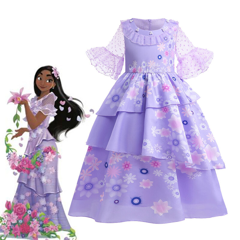 Cartoon Encanto Disney Princess Girl Dress Isabela Mirabel Charm Costume Cosplay barrette Luisa Birthday Party abiti per bambini