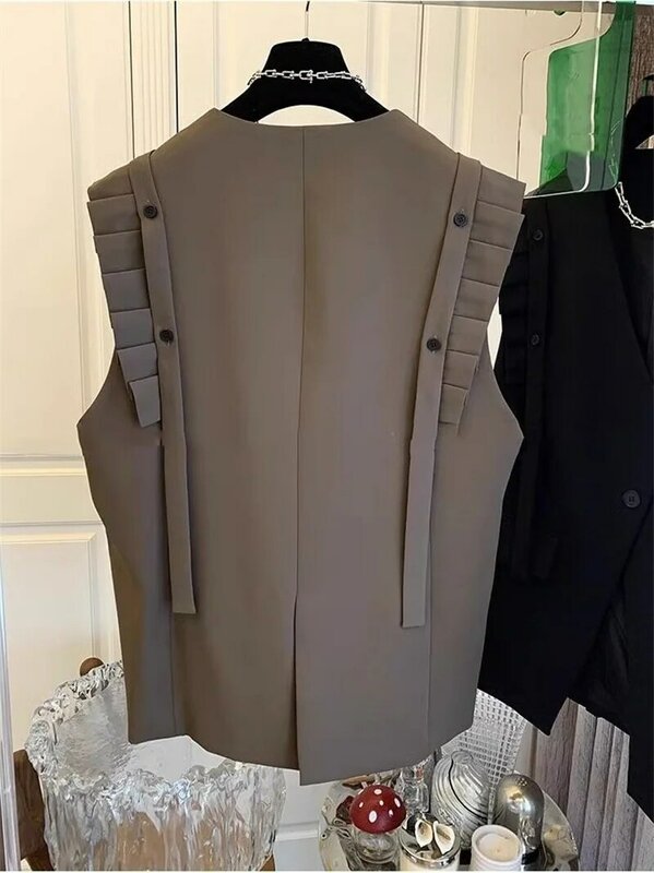 2024 Spring Hot New Vest for Women Coat V-neck Sleeveless Oversized Tops Patchwork Ruffles Casual Waistcoat Fashion Korean Tanks