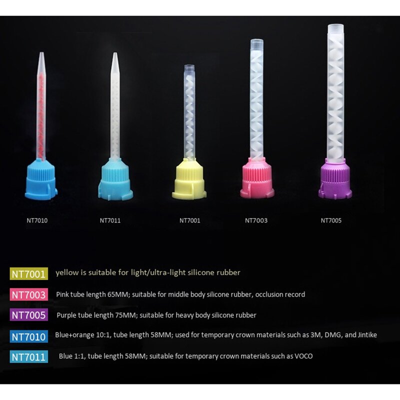 50 pz/pacco 78mm suggerimenti per la miscelazione dell'impronta Dispenser temporaneo in gomma siliconica strumenti per dentisti con testa mista giallo