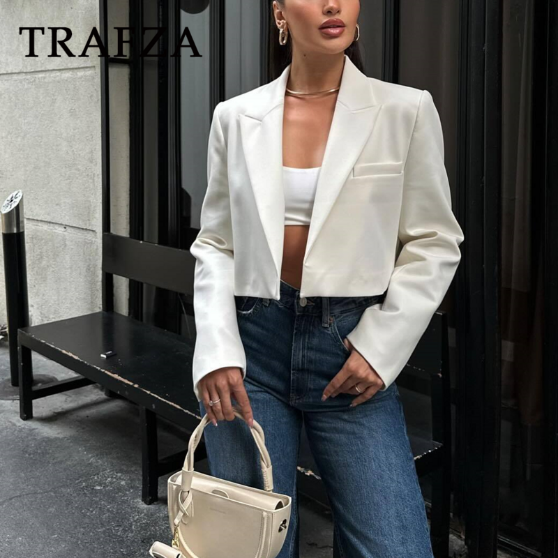 TRAFZA 2024 Spring Summer Office Lady Short Blazers Fashion Casual Solid Single Button Shrug Elegant Chic Short Jackets
