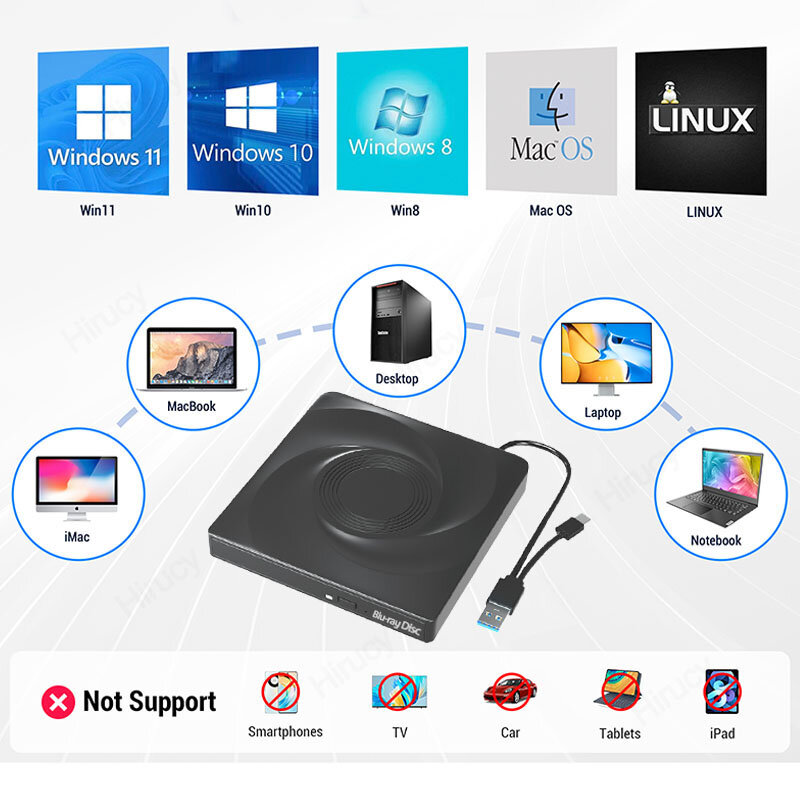 USB 3.0 unidade de Blu-ray externo, gravador óptico, DVD, CD e RW, compatível com Windows, MacBook, laptop, desktop