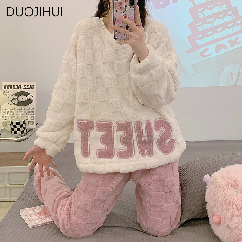 DUOJIHUI Two Piece Classic O-neck Simple Pullovers Female Pajamas Sets Basic Simple Pant Fashion Casual Home Pajamas for Women