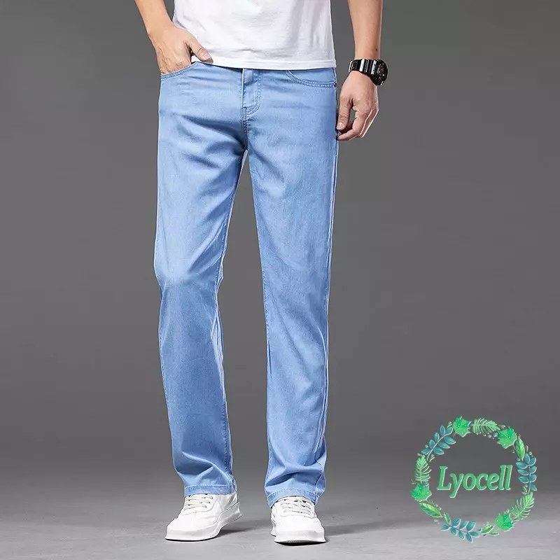 Letnie jeansy Lyocell męskie cienkie luźne proste spodnie dżinsowe lekkie spodnie niebieski klasyczny duży rozmiar 40 42 44