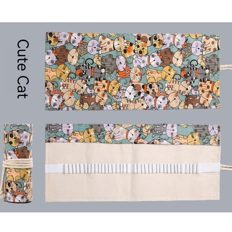 Cortina grande de lona de algodón para hombres y mujeres, bolsa de lápices de colores, papelería de dibujos animados, cara grande de gato, 12, 24, 36, 48, 72 agujeros