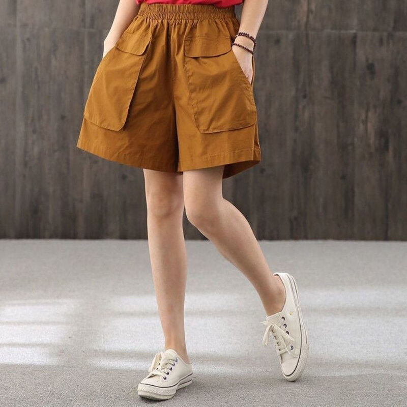 Celana pendek kasual wanita, pakaian celana pendek pinggang tinggi warna polos Korea longgar baru musim panas 2024