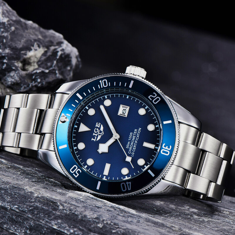 LIGE-Relógio de pulso de quartzo em aço inoxidável masculino, relógio impermeável, relógio de negócios de luxo, marca superior, relógios casuais