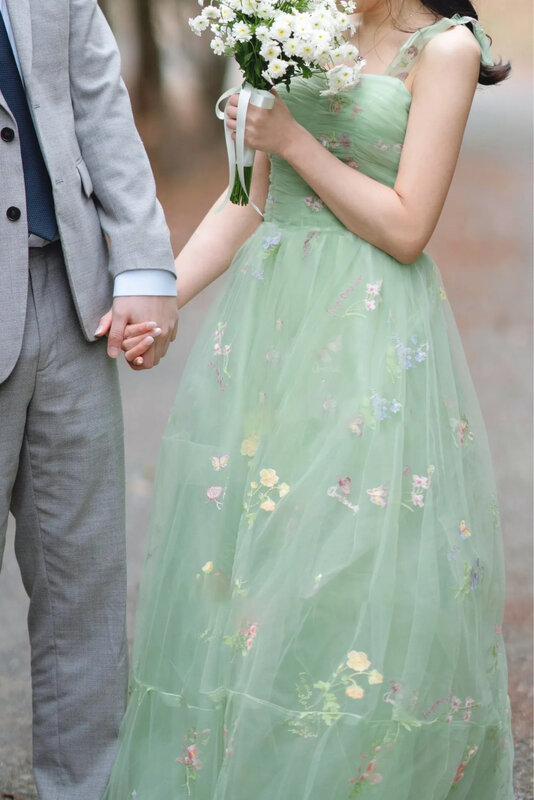 Gaun pesta hijau Mint, gaun pesta elegan, gaun Prom, tali biru dapat diatur, bersinar cinta Tulle panjang teh, gaun pesta pernikahan wisuda baru