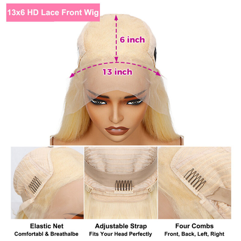 Perruque Lace Front Wig Body Wave Naturelle, Cheveux Humains, Blond Miel 613, Densité 180, 13x6, HD Transparent, 30 40 Pouces, pour Femme