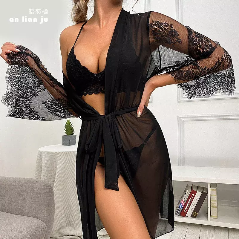 Spring Summer Pure Want Gauze Nightgown Large-size Robe Three Piece Set Comfort  Homeclothing  Seductive Sexy Hot Nightwear