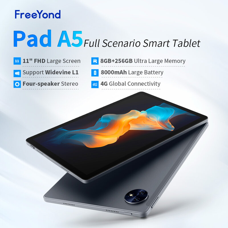 FreeYond-Tableta A5 de 11 "FHD, 8GB de RAM, 256GB de ROM, compatible con Widevine L1, 8000mAh, cuatro altavoces, 4G, 13MP + 5MP, Adroid 13