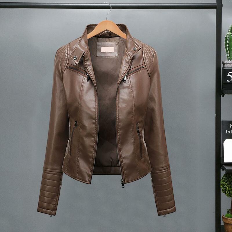 Women Solid Color Slim Fit Faux Leather Jacket Stand Collar Long Sleeve Pockets Zipper Placket Biker Coat Thin Style Outwear