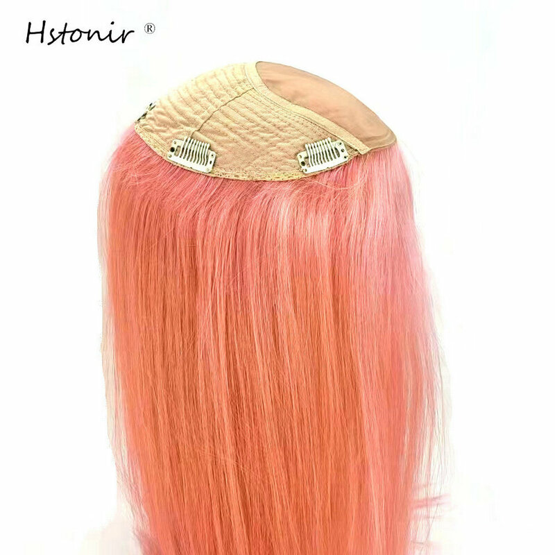 Hstonir Pink Human Hair Toupee For Women Clip In Silk Top European Remy Hair Extensions Hair Pieces Magic Hair Topper TP26