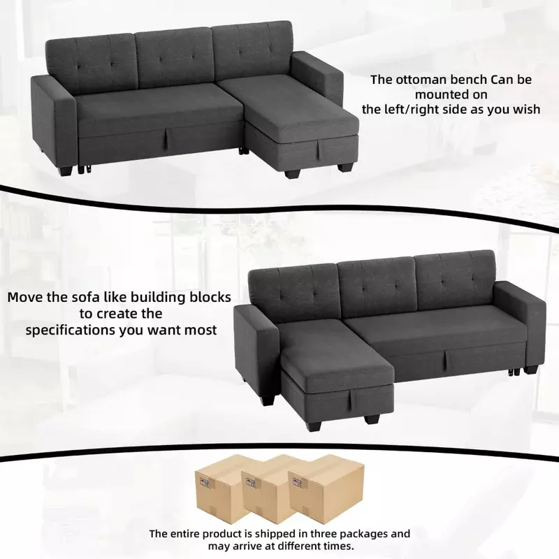 Il divano letto può essere capovolto e convertito, divano estraibile con catena portaoggetti, mobili in lino per soggiorno, grigio scuro
