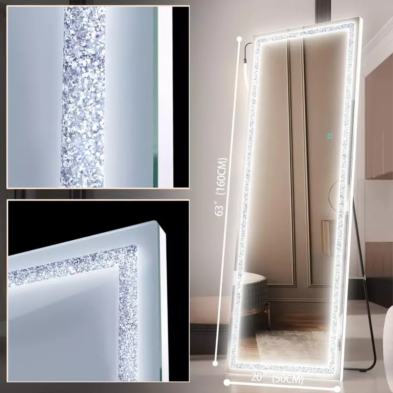 Full Body Mirror With Led Light Floor Mirrors Full Body Length Dressing Mirror Touch Control Large Standing Living Room Home