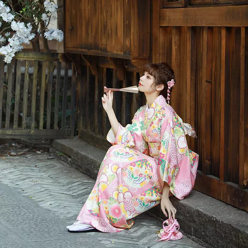 Gaun Kimono Anak perempuan Sakura jubah mandi Yukata gaya Jepang bunga bulan kostum Cosplay seragam Jepang Haori cetak motif bunga