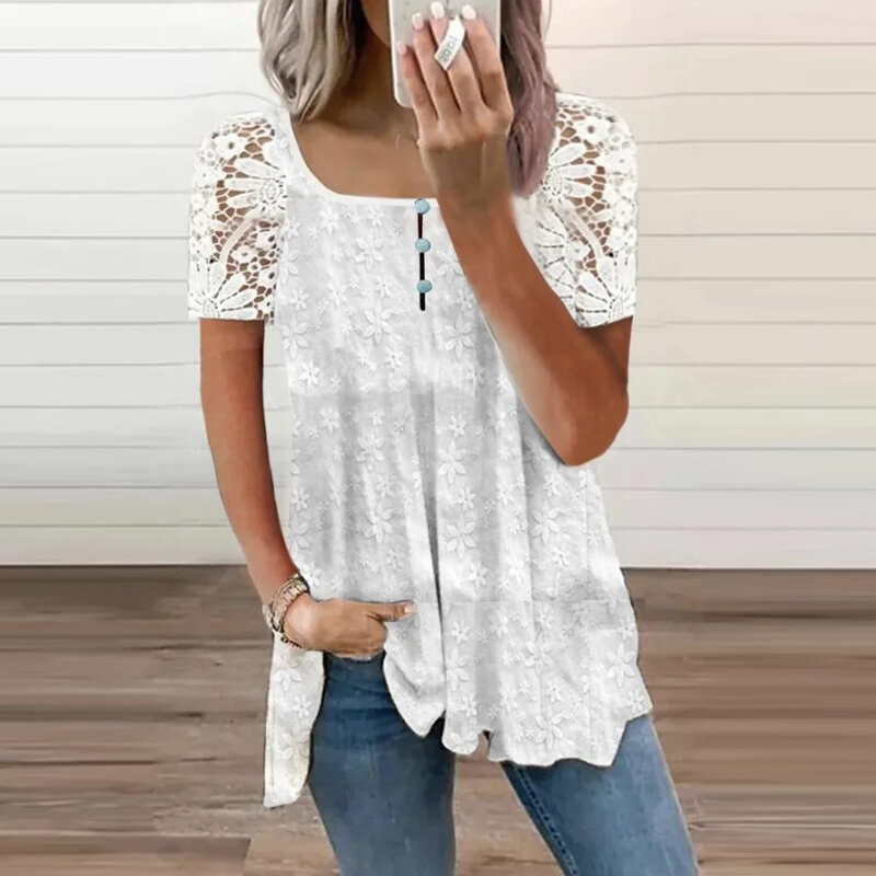 Square Collar Lace Short Sleeve Shirt Casual Elegant Long Blouse Women Loose Ladies Vintage Hollow Out Crochet Floral Tops 28303