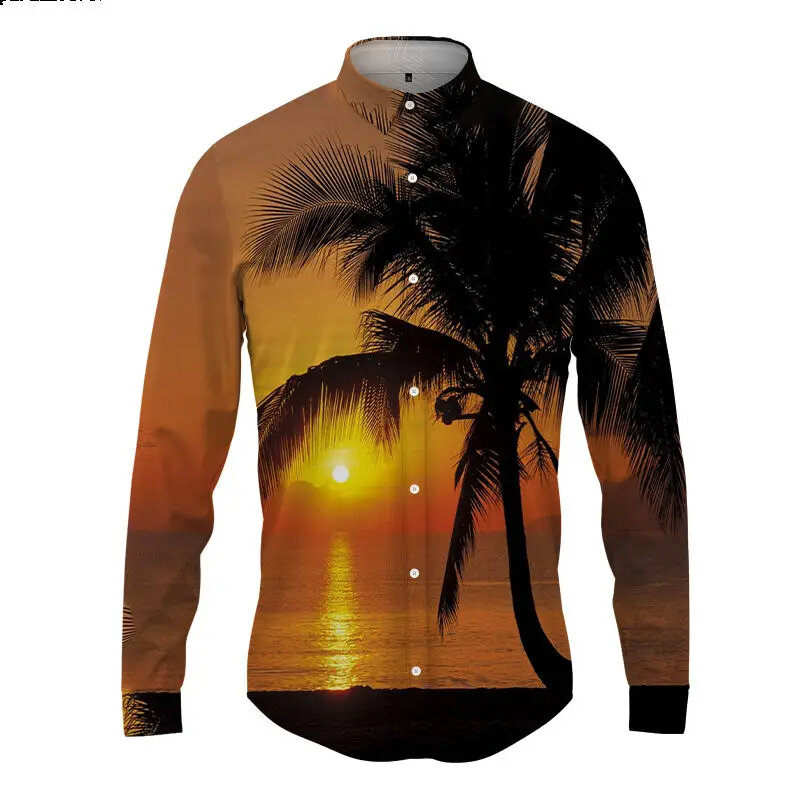 Camisa con estampado 3D de árbol de coco Hawaiano, camisa de manga larga de alta calidad, camisas y blusas con botones de moda urbana, primavera y otoño, nuevo