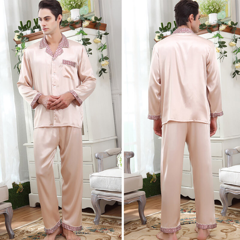 Luxo masculino seda como pijamas para homem verão ultra-fino pijama terno sólido xadrez costura pijamas solto pijamas pijama homme