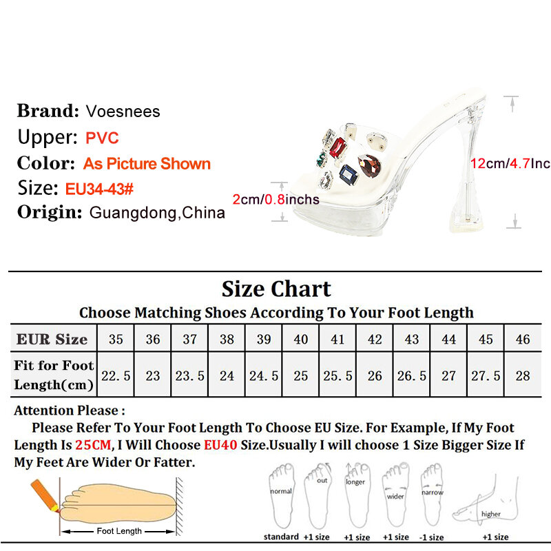 Transparent Crystal Slippers 12CM Bling Rhinestone Lady Outdoors High Heels Summer Thick Bottom Slip-On Shoes For Women Sandals