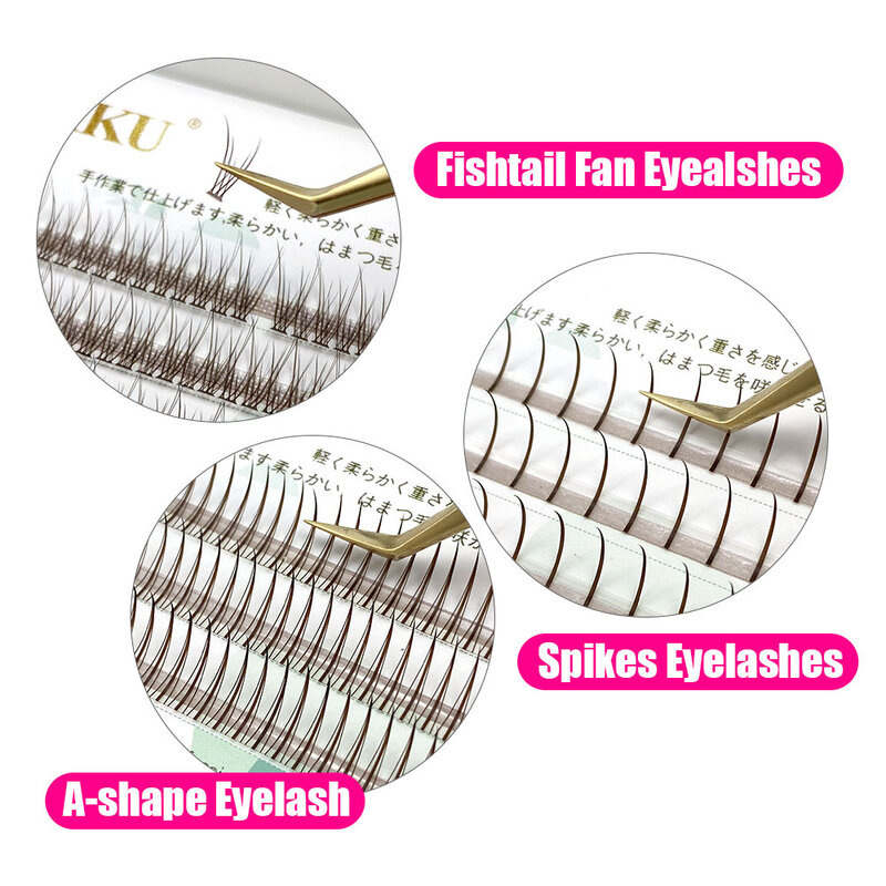 Lakanaku Brown Fishtail Type Eyelash Extensions 3 Rows Mix Length Single Fashion Cluster Fans Eyelashes