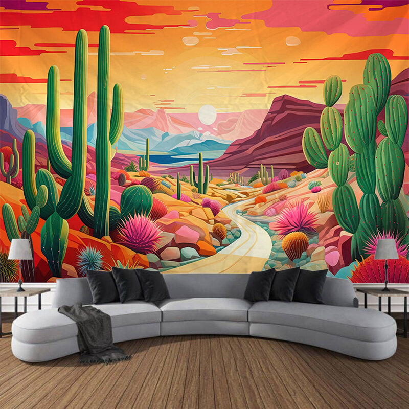 Cartoon Pflanze Blume Tapisserie Kaktus Sonnenaufgang Landschaft Wandbehang Schlafzimmer Schlafsaal Dekoration Kawaii ästhetische Wand dekoration