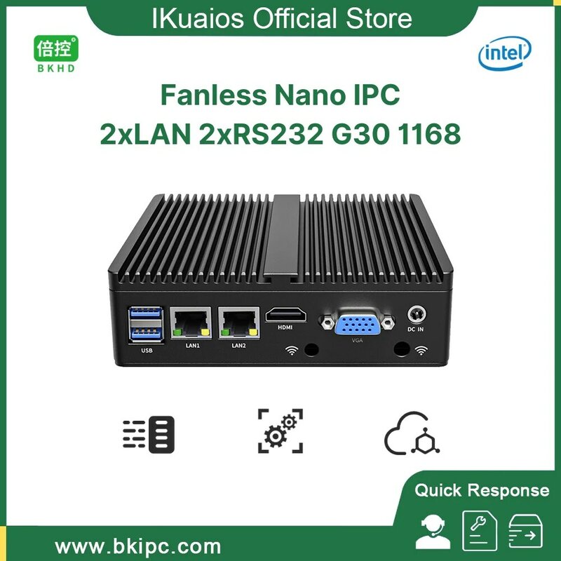 IKuaiOS 팬리스 산업용 컴퓨터, 자동화 IoT 머신 비전 DAQ 2x RS232 1168-12, G30 2LAN 기가비트 이더넷 코어 i3 i5