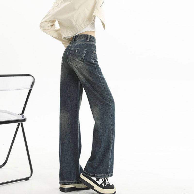 Jeans estilo Y2K lavado de cintura alta para mulheres, tubo reto, moda retrô americana, calça jeans, outono e inverno, 2023, novo