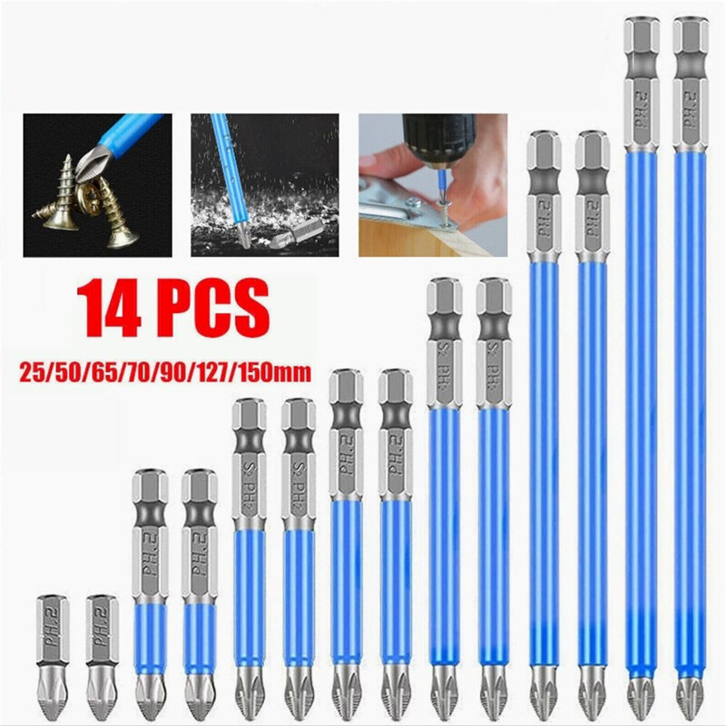 14pcs Magnetic Screwdriver Bits With Hex Shank PH2 S2 Alloy Steel Drill Bit Set For Woodworking Mechanical Manufacturing