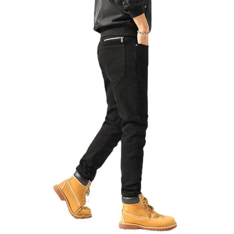 Jeans de motociclista slim fit masculino emendado, moda streetwear, cor preta, stretch, bolso com zíper, calças hip hop, designer