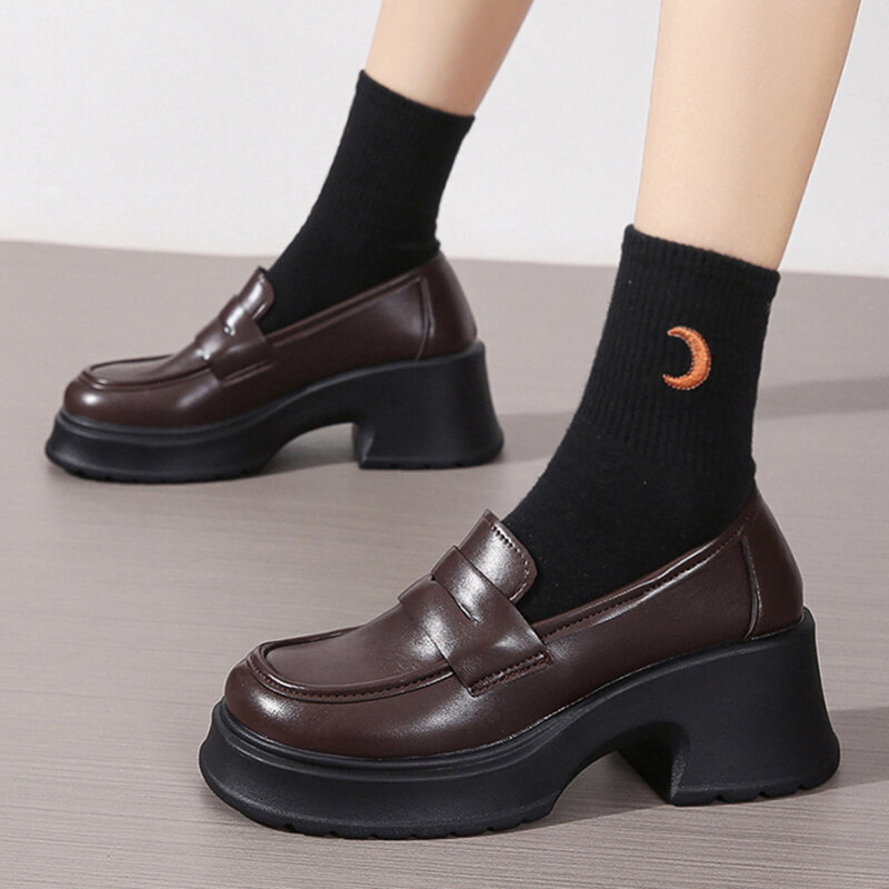 Lucyever-Mocassins de plataforma de couro PU para mulheres, sapatos Oxfords de salto grosso, deslizar, sapatos góticos universitários, estilo britânico, 2023