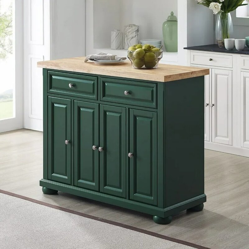 Madison Kitchen Island with Solid Wood Top and Optional Casters,Tea & Coffee Bar,Floor Mount,Emerald Green,18"D x 42"W x 36.63"H