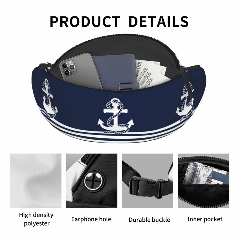 Bolsa de pecho de ancla de rayas náuticas para hombres, elegante patrón de timón náutico, barcos de navegación, riñonera de océano marino