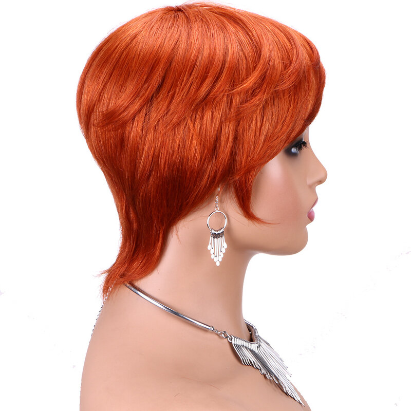 Peruca de cabelo curto Pixie corte humano com franja para as mulheres, 100% Remy, cabelo brasileiro, máquina feita, 350 #
