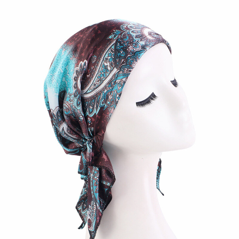 Satin Muslim Women Printed Pre-Tied Headscarf Strech Sleep Night Cap Turban Cancer Chemo Hat Hair Loss Caps Cover Headwrap Mujer