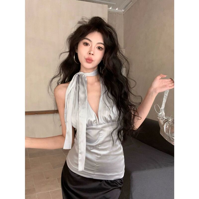2024 New Sleeveless Hanging Neck Silk Lace Sexy Slim Fit Pure Desire Celebrity Style Luxury Off the Shoulder Shirt Summer Women