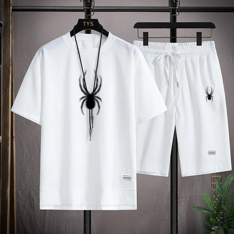 Shorts com padrão waffle masculino, roupas esportivas de verão, estilo harajuku, ajuste solto, conjunto de duas peças