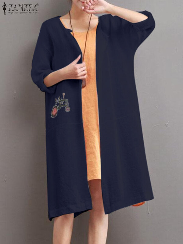 ZANZEA kardigan ukuran besar wanita, jubah kardigan gaya Korea atasan panjang kasual longgar belakang gambar kartun kancing pantai liburan blus