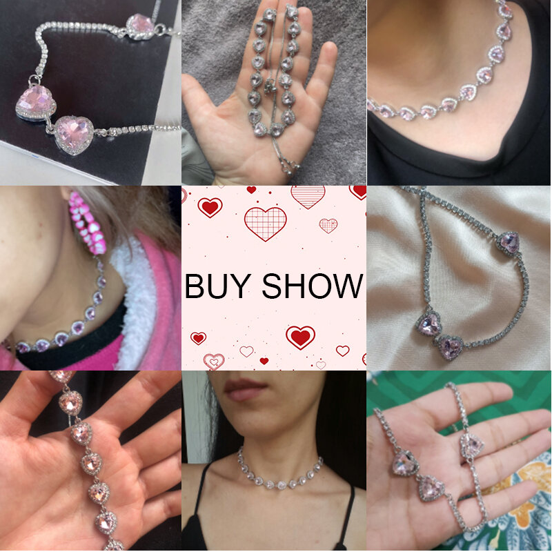 UILZ Women Pink Heart Zircon Charm Necklace Girls Elegant Crystal Pendant Necklace Neck Accessory Gifts