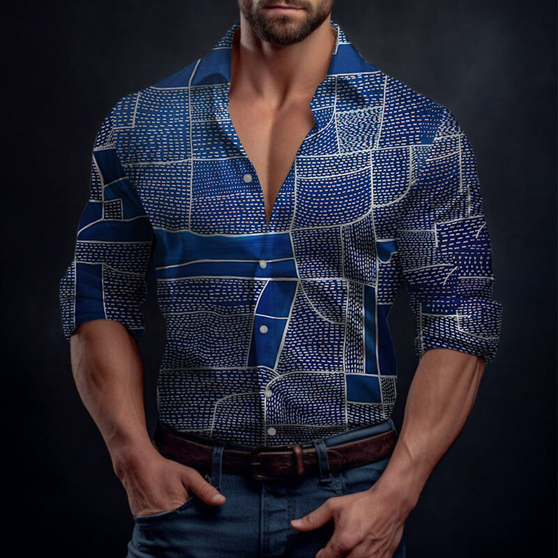 Camisa de manga larga para hombre, camisa con botones, solapa de Fitness informal, cuello de banda de poliéster para fiesta