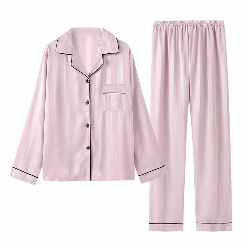 Couple Pajamas Spring Ice Silk Sleepwear Long Sleeved Men Women's Stripes High-quality New big size satin Home Clothing