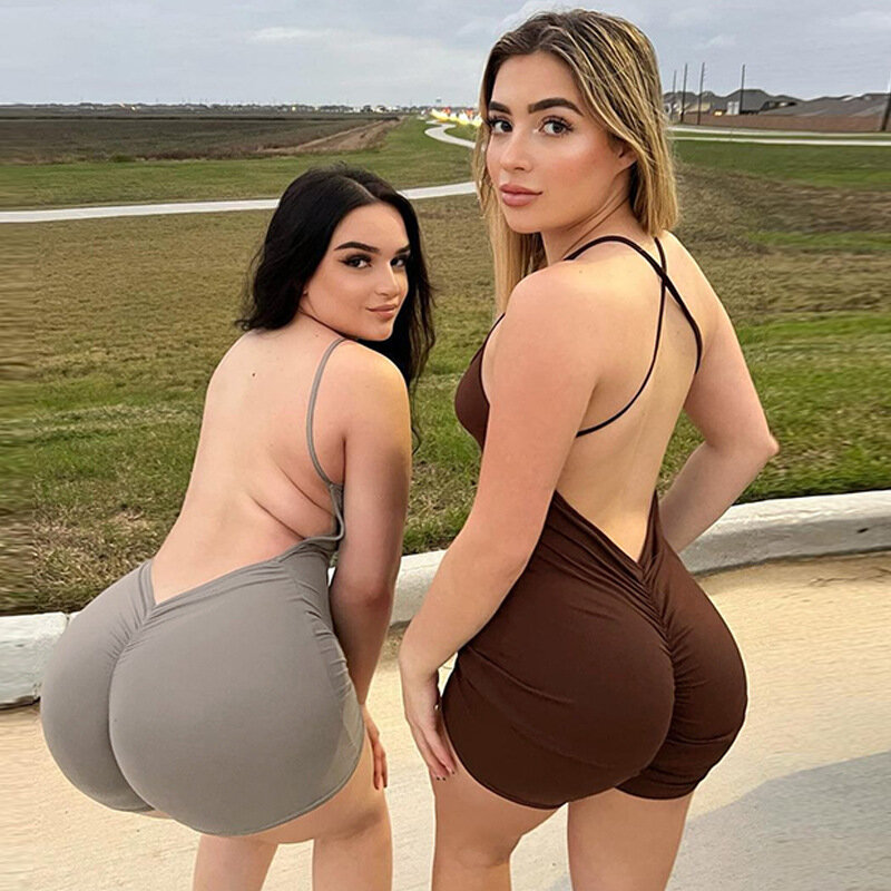 2023 primavera New Sexy U-Neck Strap Open Back stretto sollevamento dell'anca sport Street Bodycon tuta per le donne pantaloncini tuta pagliaccetti