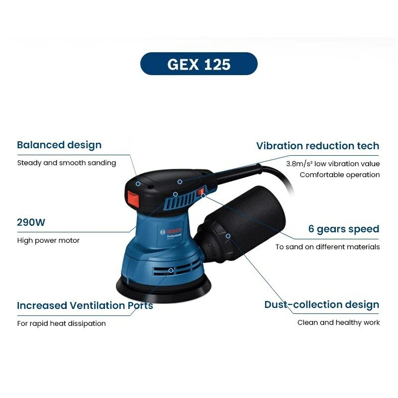 Электрический шлифовальный станок Bosch Gex 125, профессиональный эксцентриковый шлифовальный станок, шлифовальный станок 290 Вт с низкой вибрацией, полировальный вакуумный инструмент