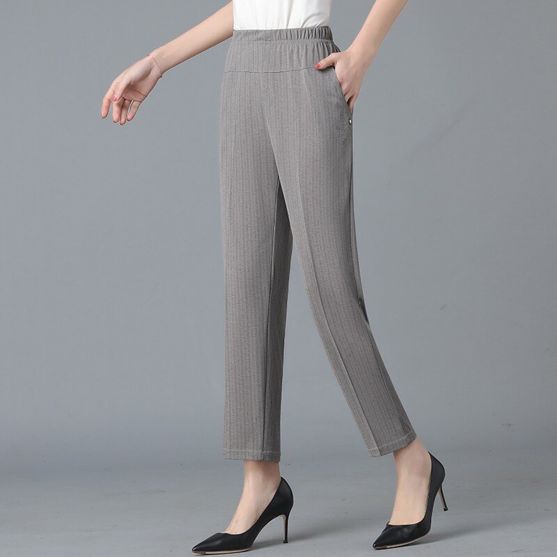 Fashion Women Casual Striped insert  Pants Spring Summer Korean New mother High Waist Elastic Loose Pockets Grey Pencil Trousers