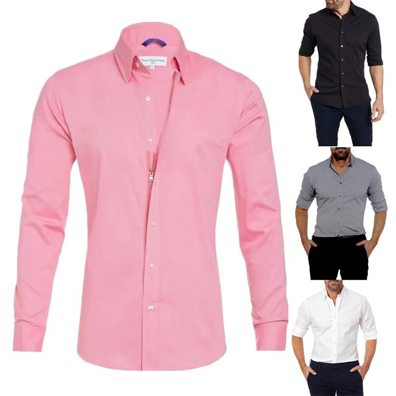 New Men's Casual Shirt Cotton Shirt Slim Tops Long Sleeve Tee Shirt Zip shirt  Solid Color High Quality Long Sleeve Shirt Men