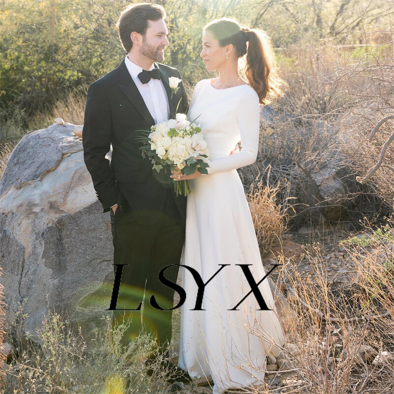 LSYX-Simples mangas compridas botão crepe vestido de casamento, elegante vestido de noiva A-Line, recortar Voltar, Trem Tribunal, Custom Made