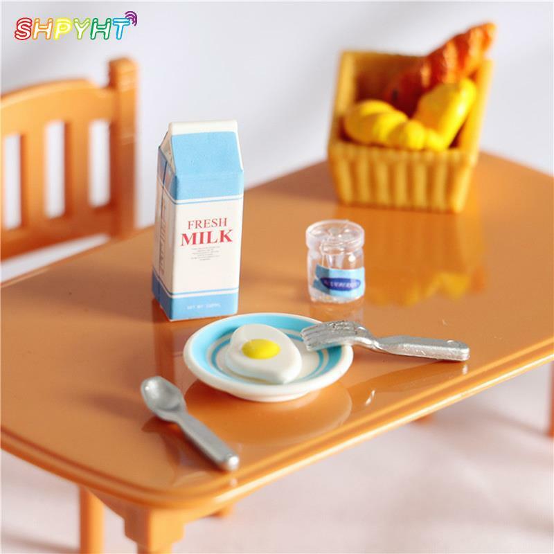 1/12 skala Miniatur Puppenhaus Frühstück Set Milch & Ei Brot Saft für Mini Puppe Lebensmittel Spielen Kinder Küche Set Zubehör spielzeug