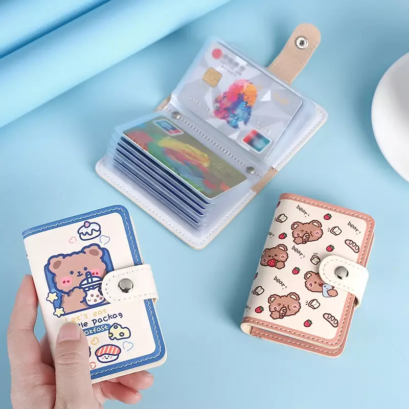 Kawaii-Bear 카드 홀더 귀여운 멀티 그리드 비즈니스 ID 신용 은행 카드 케이스, 포토 카드 홀더 휴대용 지갑 한국어 문구
